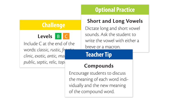 Call outs from the Essentials 8-15 Teacher's Guide suggesting tips, offering a challenge for level B and level C students, and optional practice ideas.