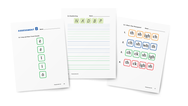 Assessment B from Foundations B examining progress made on the phonograms, spelling rules and other core concepts taught in the previous five lessons.