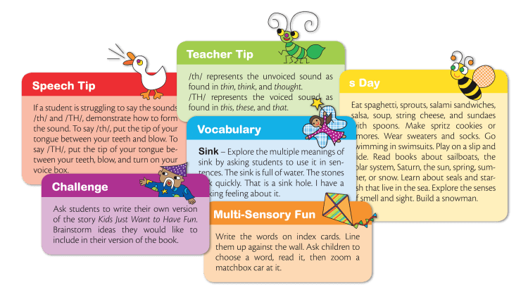 A cluster of tips from inside the Foundations teacher's manuals including teacher tips, challenges, song suggestions and more