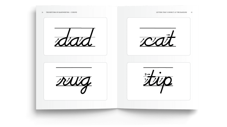 Interior page of the Rhythm of Handwriting Cursive Student Book prompting practice connecting lowercase letters at the baseline.