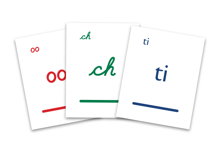 Phonogram Game Cards for manuscript OO, cursive CH bookface TI