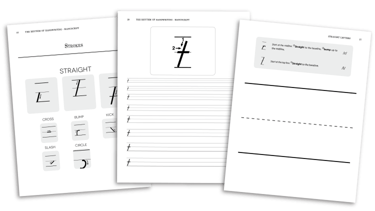 Pages from the manuscript student book introducing groups of similar strokes and practice pages for sequential application