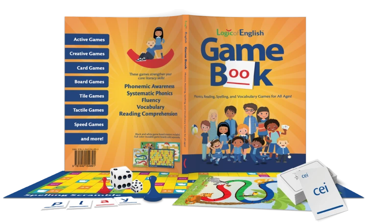 Logic of English Game Book collection includes a book of 300 games, an expansion pack of eight reusable game boards and access to core materials based on the Science of Reading.