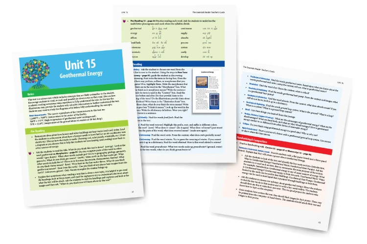 Interior pages from Unit 15 of the Essentials Reader Teacher's Guide