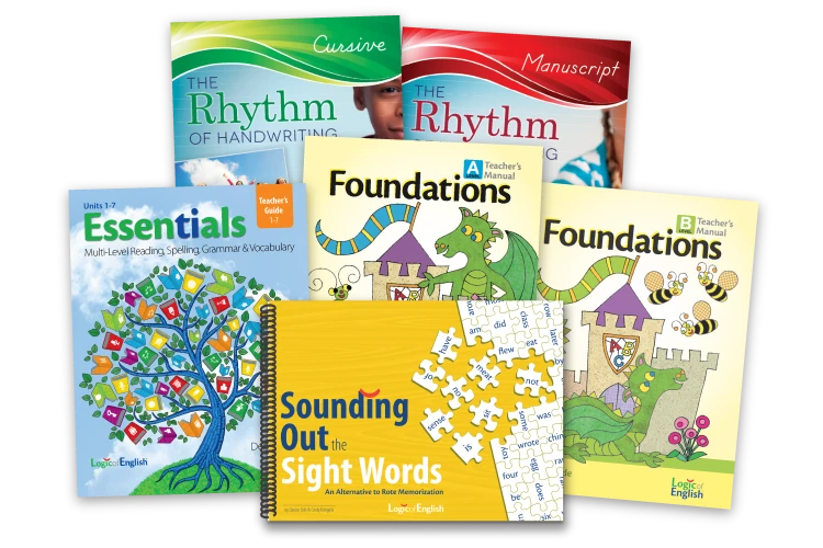 Display of starting points for all curriculum lines: Foundations, Essentials, Rhythm of Handwriting and Sounding Out the Sight Words