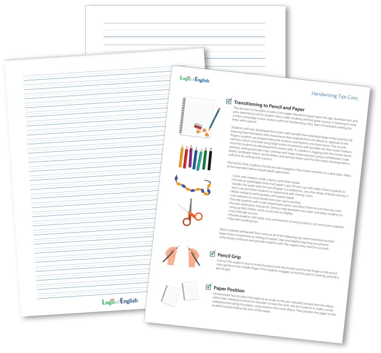 Downloadable handwriting paper with various line sizes and thoughtful handwriting tips for teachers