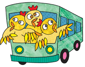 Illustration of three ducks driving a bus