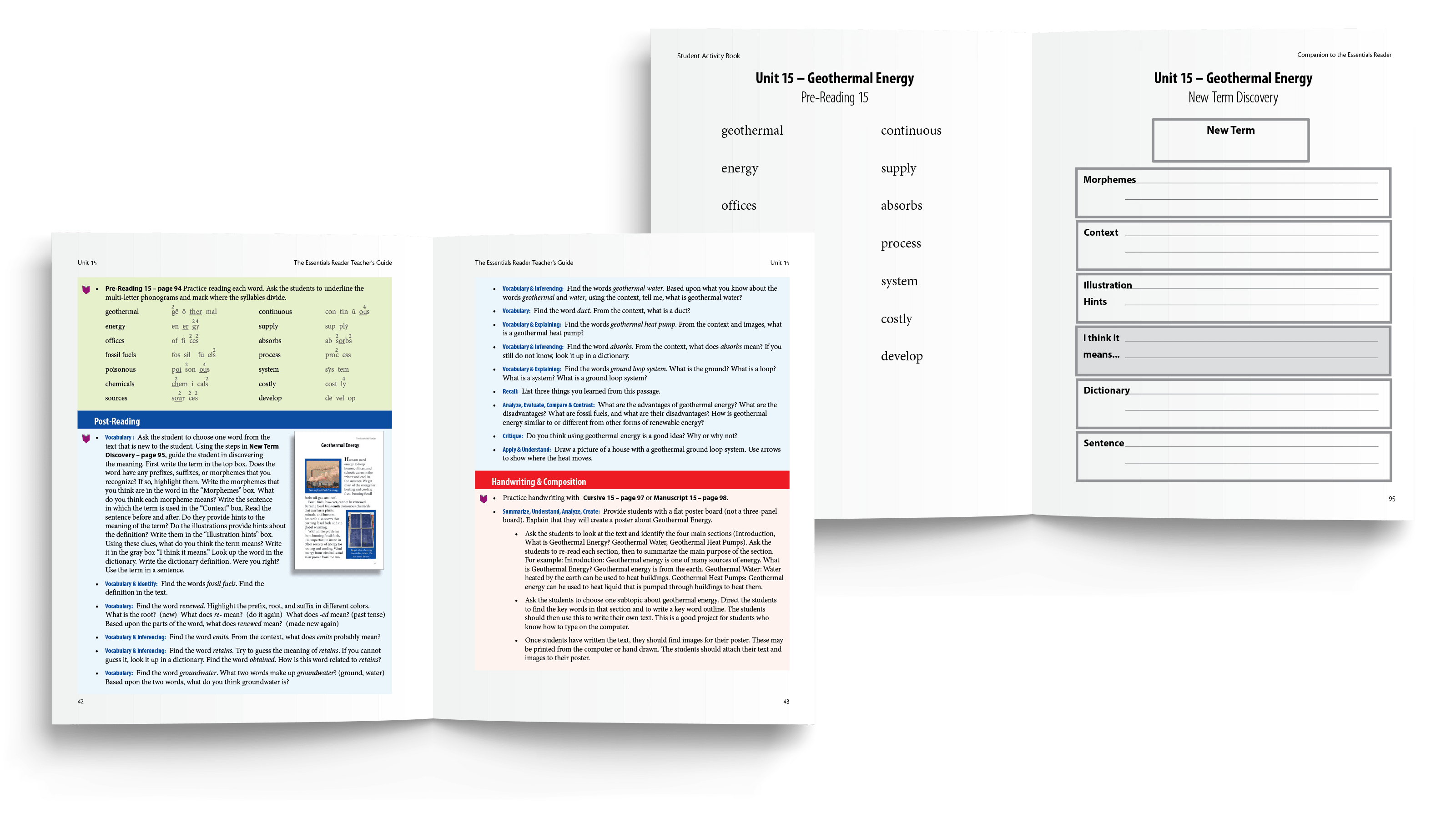 Companion components for the Essentials Reader include the Student Activity Book and the Teacher's Guide, both correlated to each Essentials Unit.