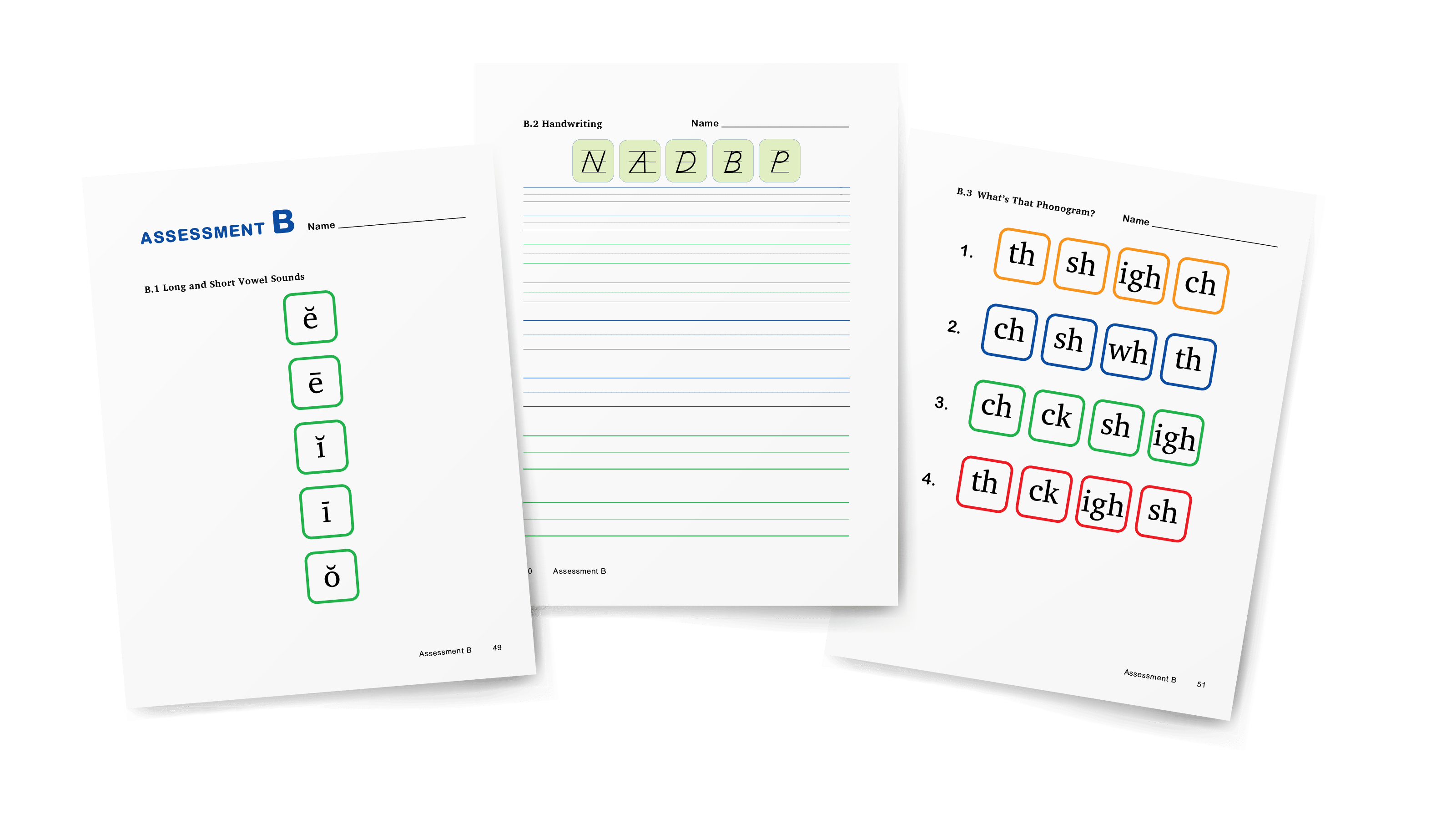 Assessment B from Foundations B examining progress made on the phonograms, spelling rules, and other core concepts taught in the previous five lessons.