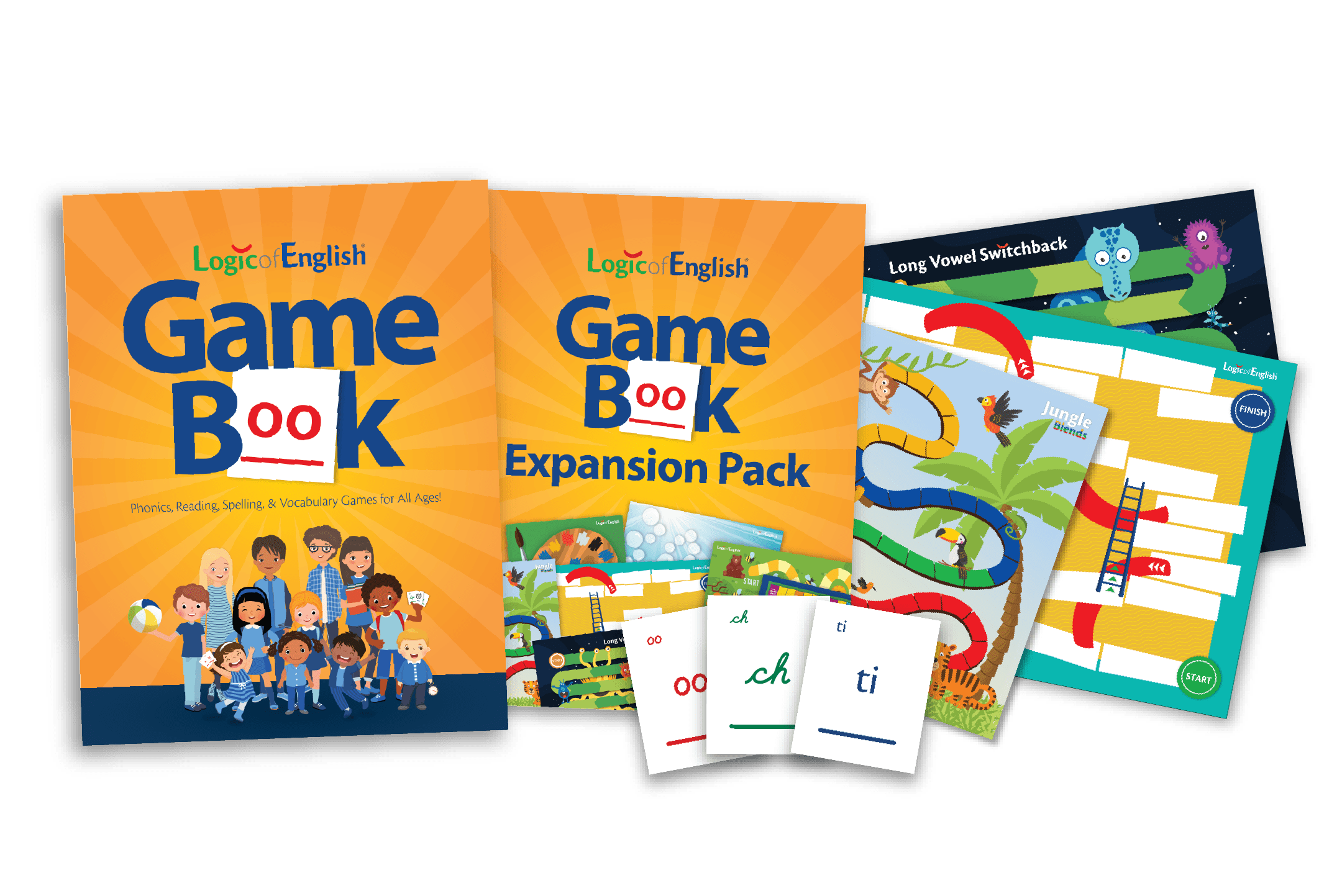Logic of English Game Book collection includes a book of 300 games, an expansion pack of 8 reusable game boards and access to Core Materials based on the Science of Reading.