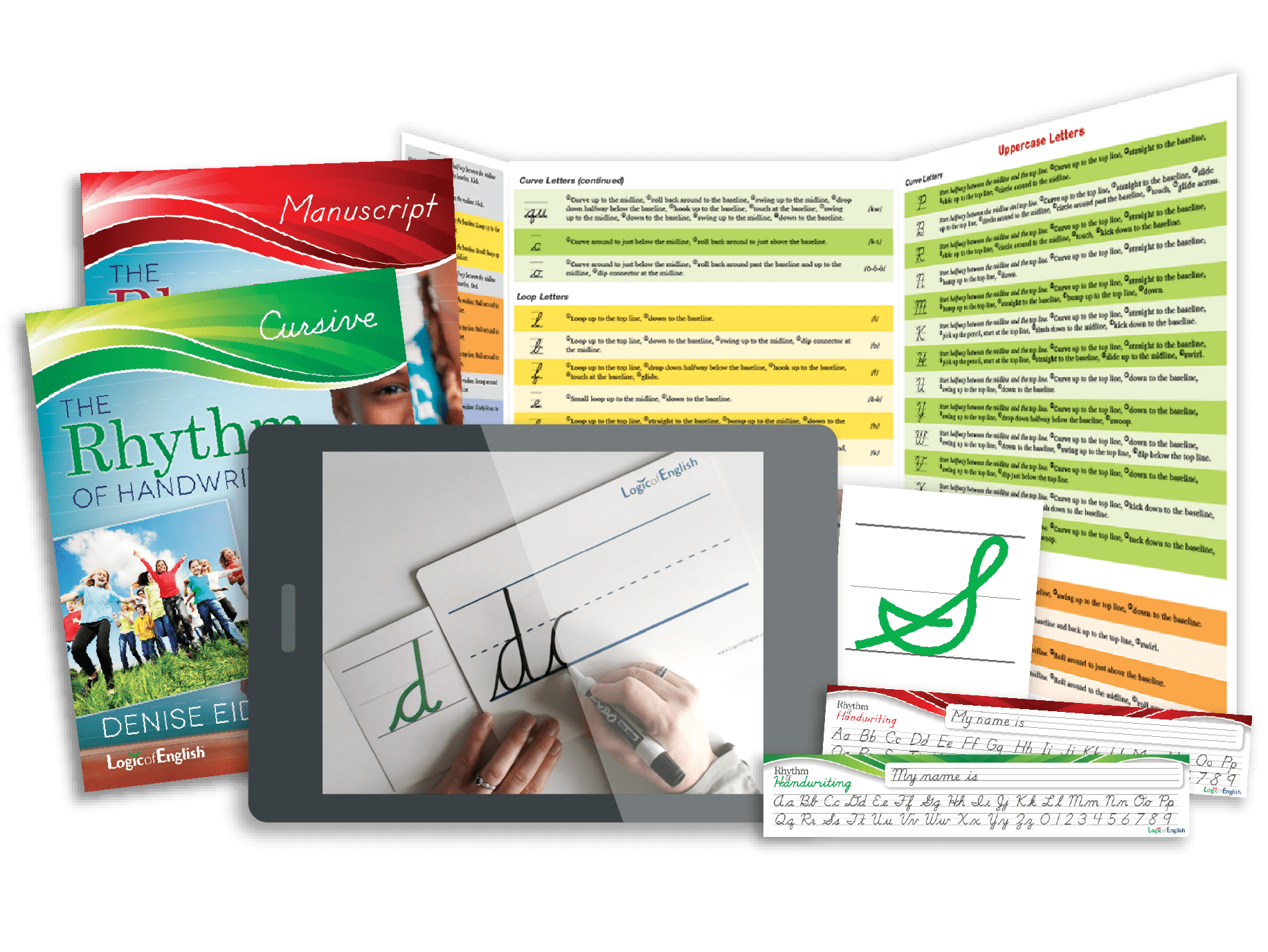 Textbooks, quick references, flash cards and video lesson components for cursive and manuscript handwriting programs based on the Science of Reading