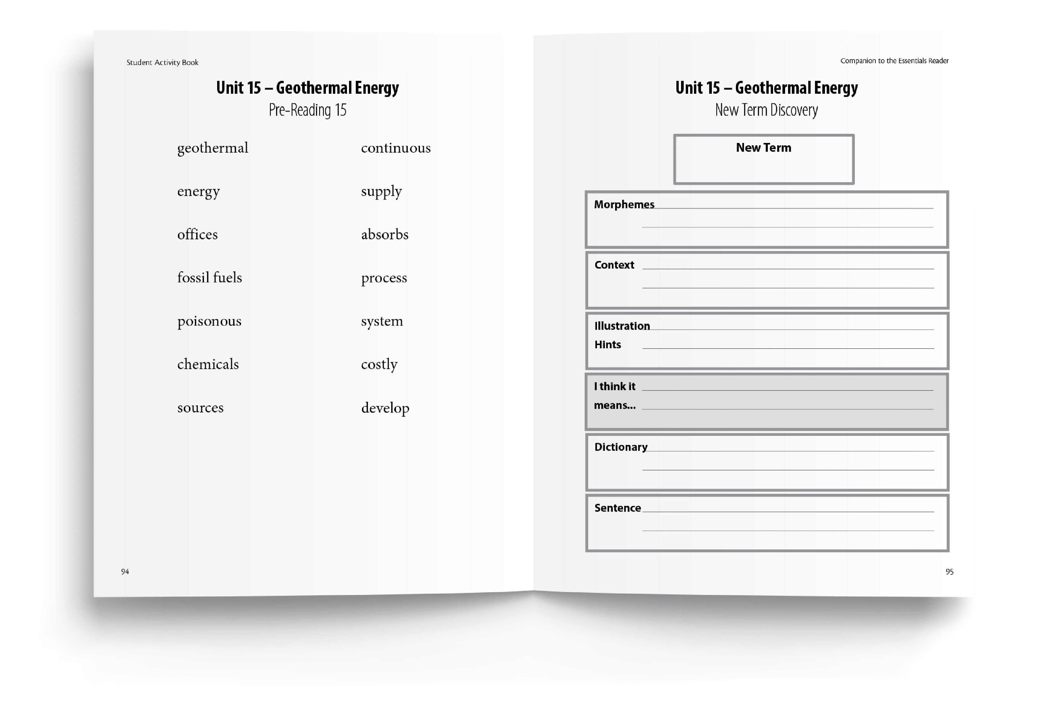 Interior pages from the Essentials Reader Student Activity book featuring practice for Unit 15