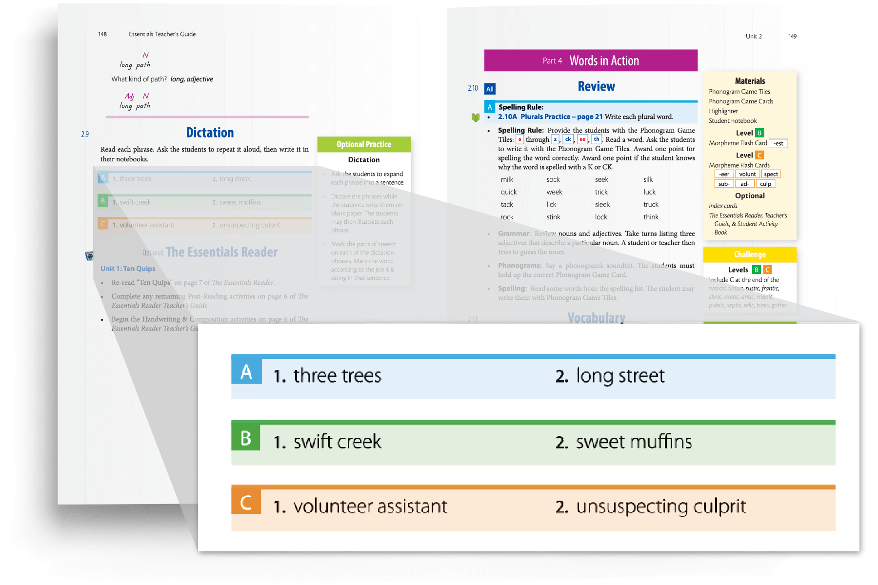 A page from an Essentials teacher's guide emphasizing the three levels