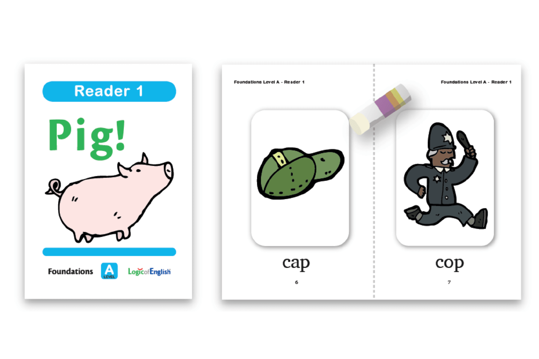 Student-created reader made from pages found in the back of the Student Workbook incorporates multi-sensory fun asking students to glue images next to their associated words.