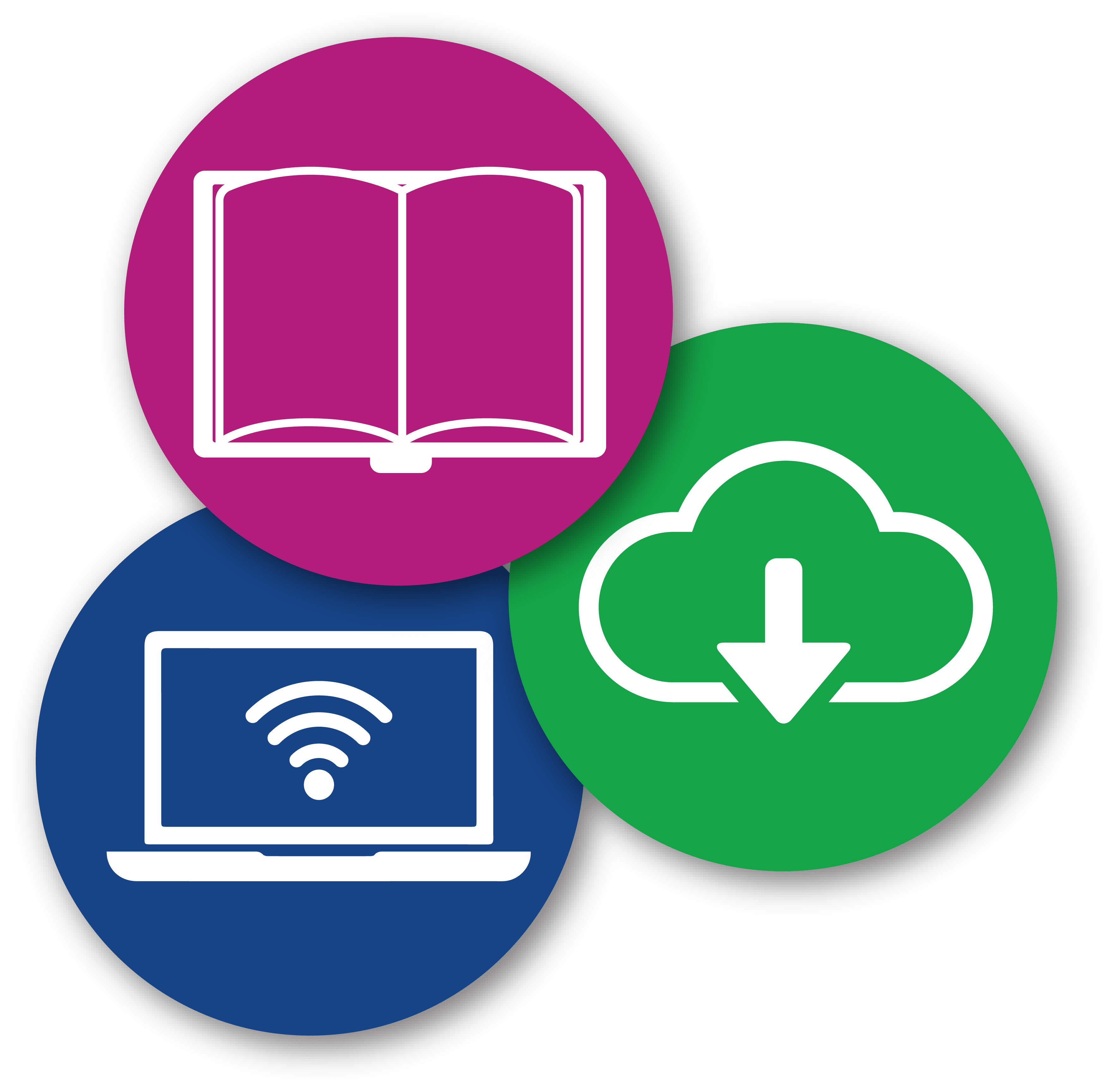 Set of simplified icons representing physical books, downloadable content, and virtually accessed content.