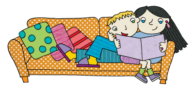 Illustration of parent and child reading together on a couch, designed by Ingrid Hess