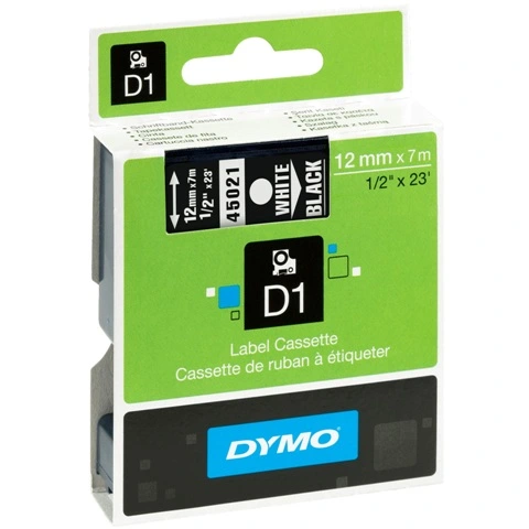 סרט פלסטיק דביק - 12MM X 7M - D1 - לבן / שחור DYMO