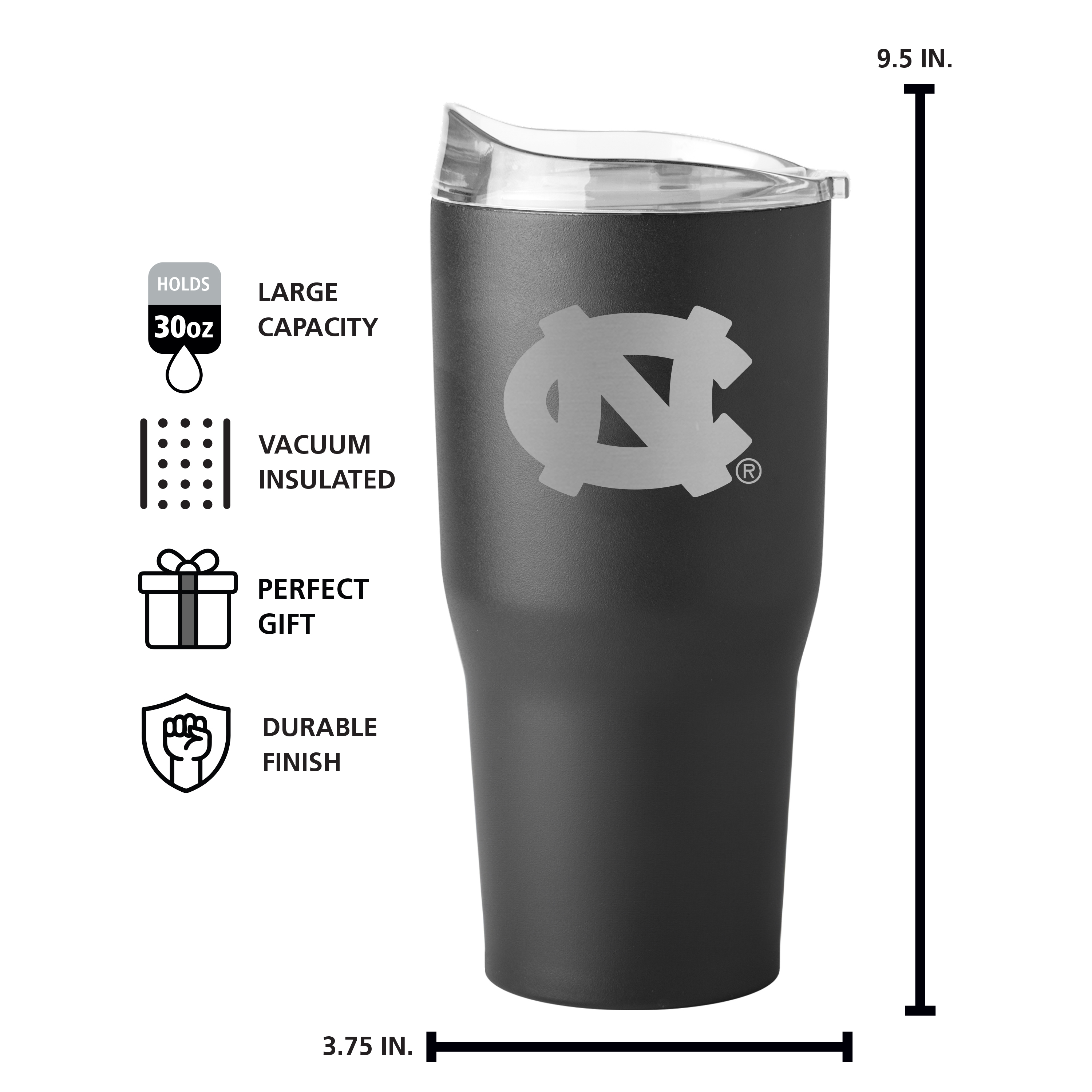 North Carolina Tar Heels Etch 30oz Black Powdercoat Tumbler  