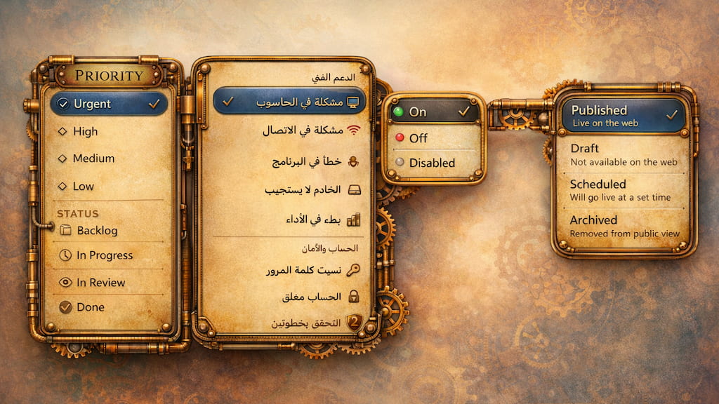 An altered screenshot from the article Nice Select with a few differente select items in a steampunk style