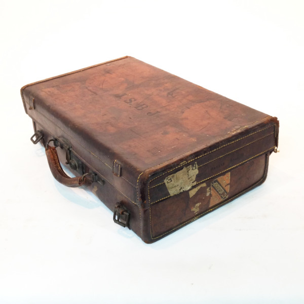 3: Dark Brown Stained Leather Vintage Suitcase with Initials