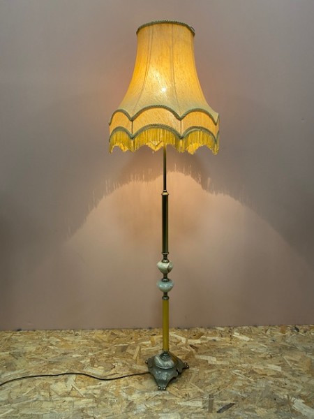 5: 1970's Yellow Fringe Lampshade With Brass Stand (Working)