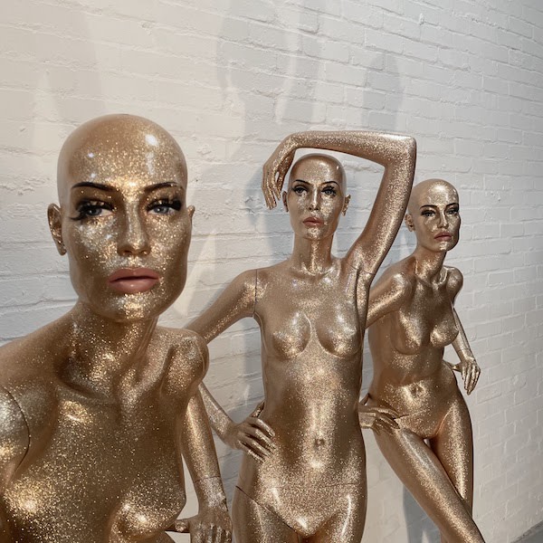 6: Gold Glittery Full Bodied Female Mannequin With Full Face, Hands On Hips