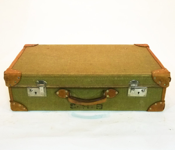 5: Pale Green Canvas With Leather Trim Vintage Suitcase