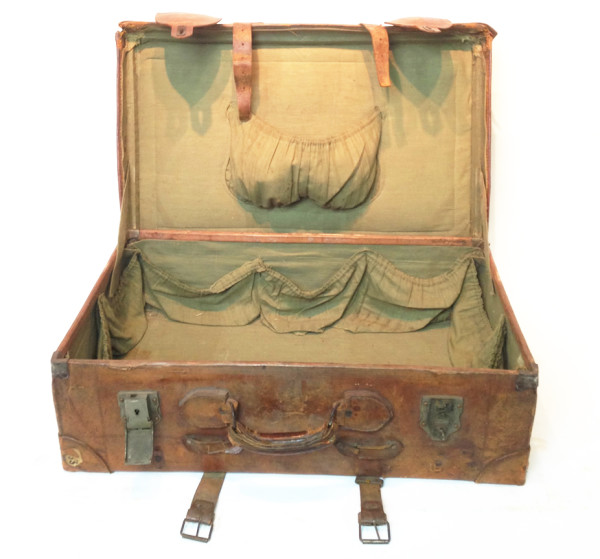 5: Large Brown Leather Suitcase with Straps and Initials