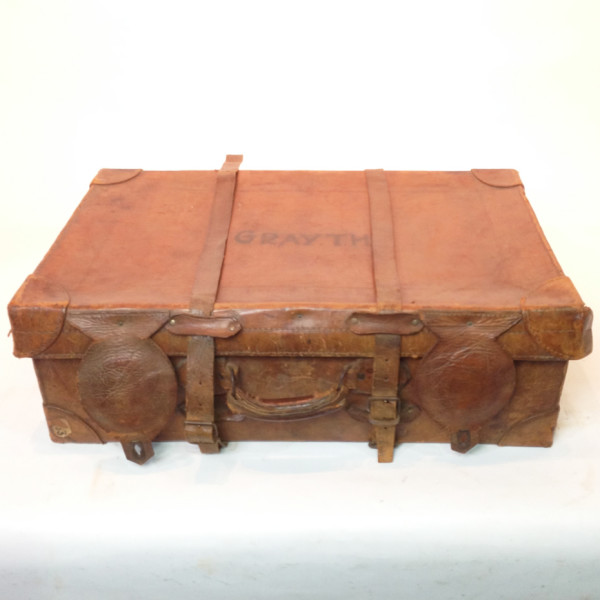 5: Large Brown Leather Suitcase with Straps and Initials