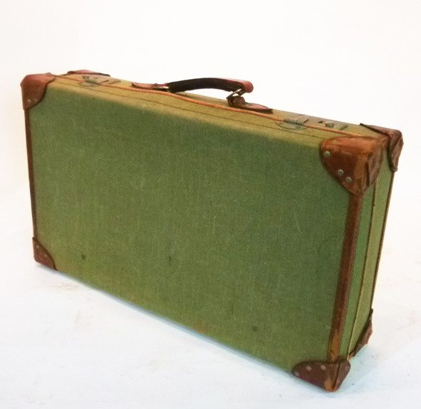3: Green Vintage Canvas With Leather Trim Suitcase