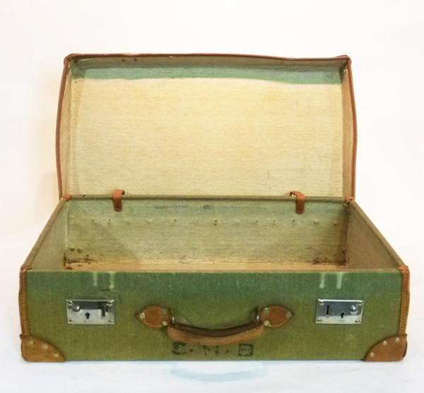 5: Pale Green Canvas With Leather Trim Vintage Suitcase