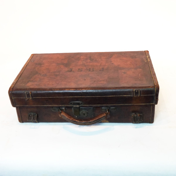 5: Dark Brown Stained Leather Vintage Suitcase with Initials