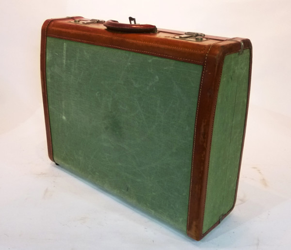 5: Green Canvas & Leather Vintage Suitcase