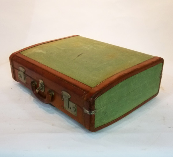 5: Green Canvas & Leather Vintage Suitcase
