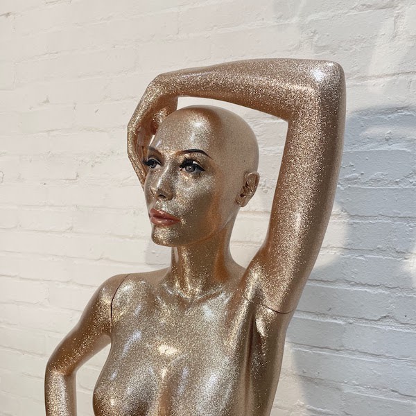 2: Gold Glittery Full Bodied Female Mannequin With Full Face, Hand Over Head