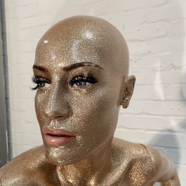 7: Gold Glittery Full Bodied Female Mannequin With Full Face, Left Hand On Hip