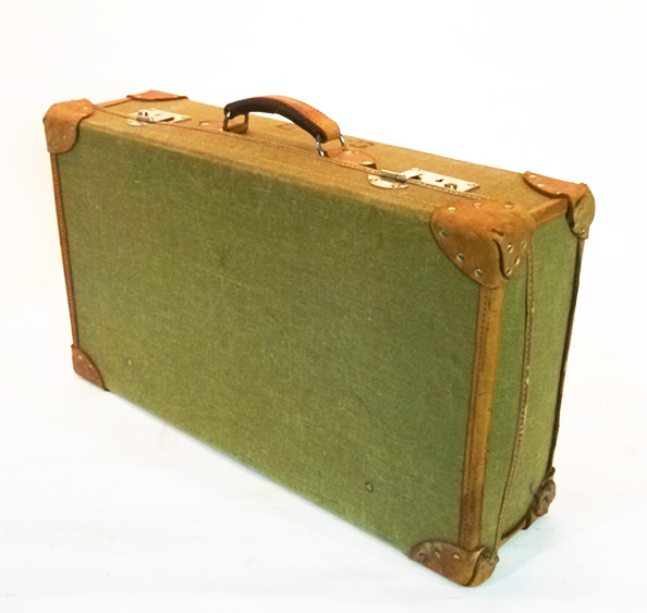 5: Pale Green Canvas With Leather Trim Vintage Suitcase