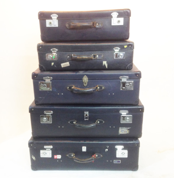 4: Stack of 5 Matching Navy Blue Vintage Suitcases