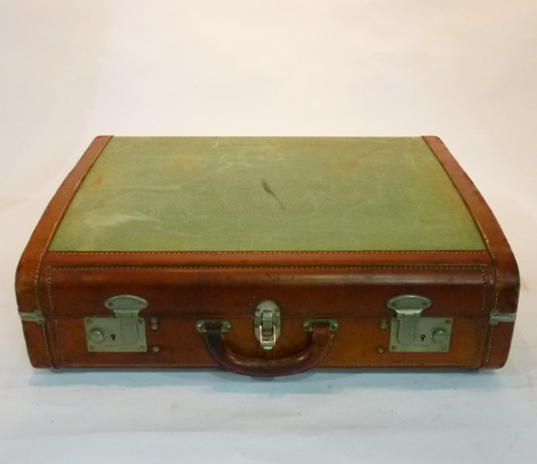 1: Green Canvas & Leather Vintage Suitcase