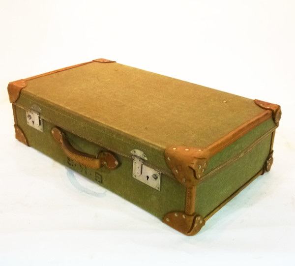 5: Pale Green Canvas With Leather Trim Vintage Suitcase