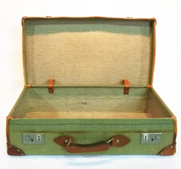 4: Green Vintage Canvas With Leather Trim Suitcase