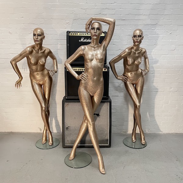 7: Gold Glittery Full Bodied Female Mannequin With Full Face, Left Hand On Hip