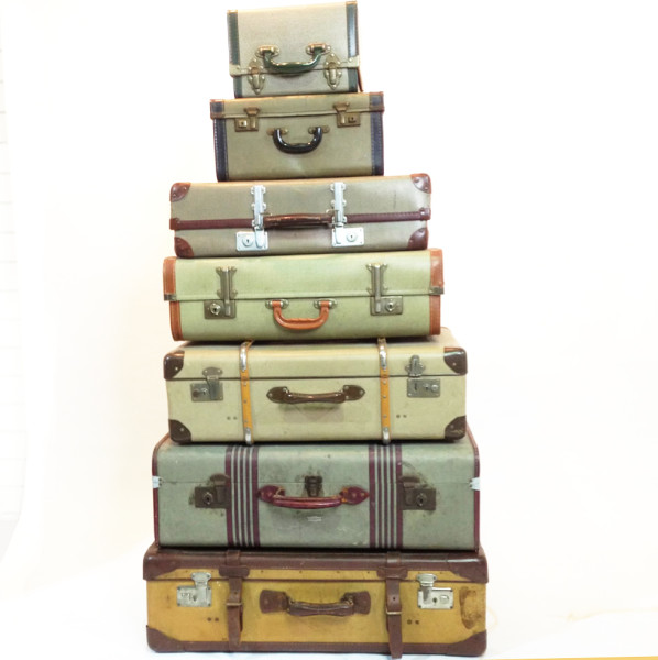 3: Stack of 7 Yellow & Green Vintage Travel Cases