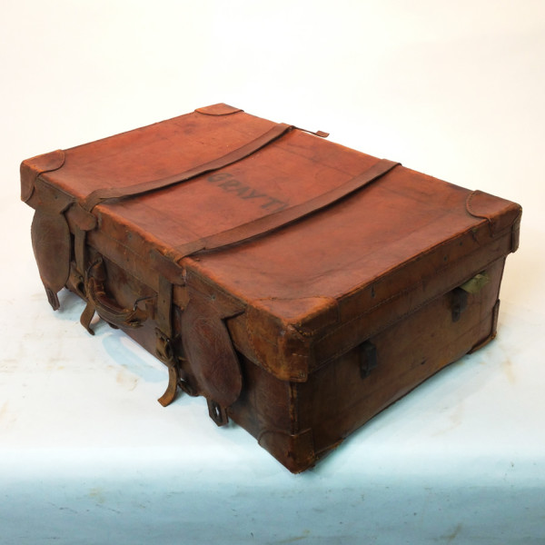 5: Large Brown Leather Suitcase with Straps and Initials