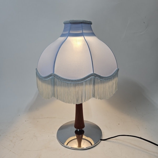 1: Blue Table Lamp With Wood & Chrome Stand (Working)