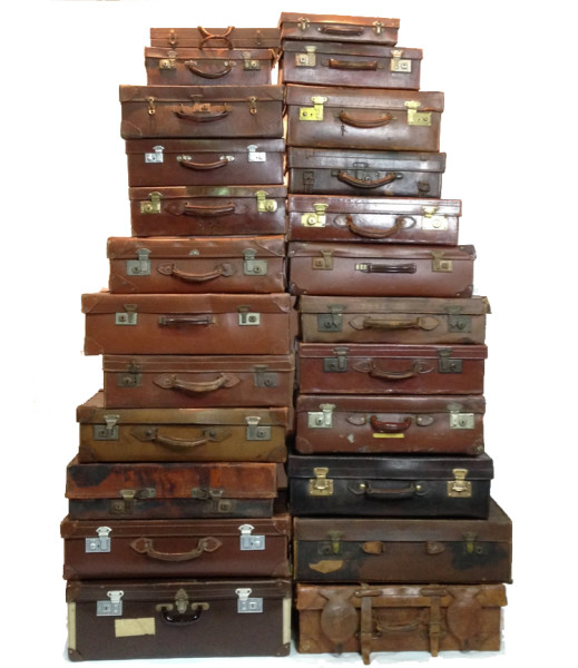 3: Large Stack of Various Brown Leather Suitcases 