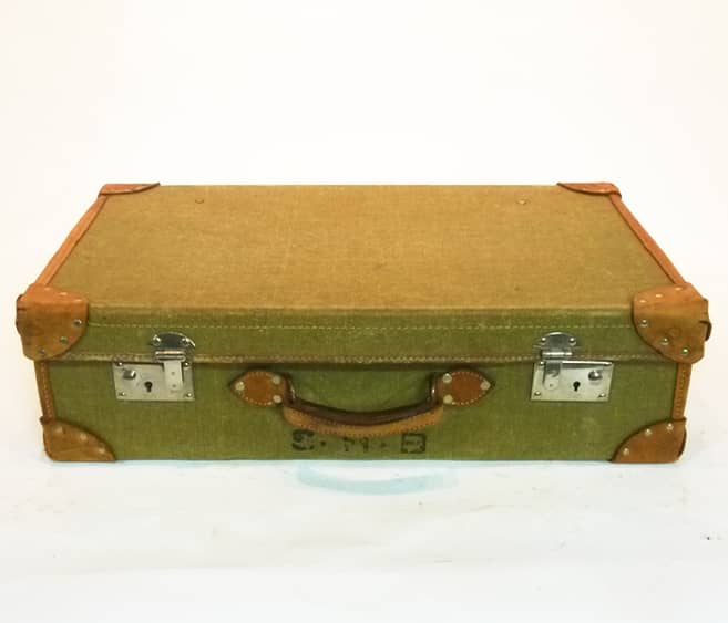 5: Pale Green Canvas With Leather Trim Vintage Suitcase