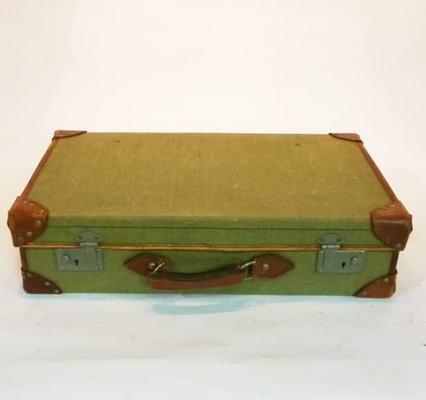 5: Green Vintage Canvas With Leather Trim Suitcase