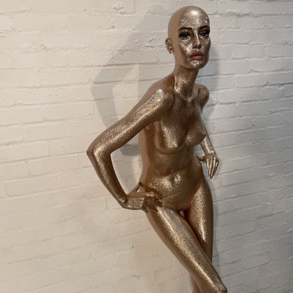 7: Gold Glittery Full Bodied Female Mannequin With Full Face, Hands On Hips