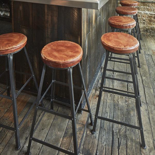 5: Tall Vintage Real Leather & Metal Work Bar Stool